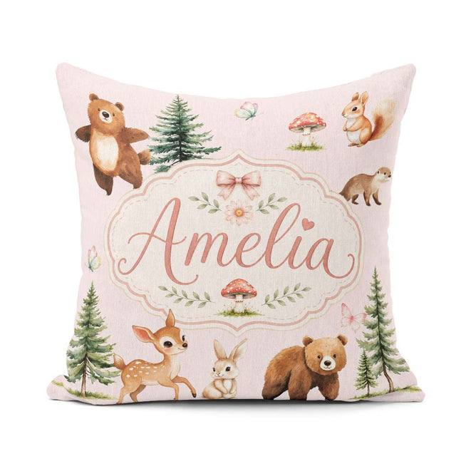 Custom Name Bear Bunny Squirrel Trees Mushrooms Butterfly Blush Square Filled Cushion Throw Pillow Sofa Bed Home Decor Zip Washable UK Made