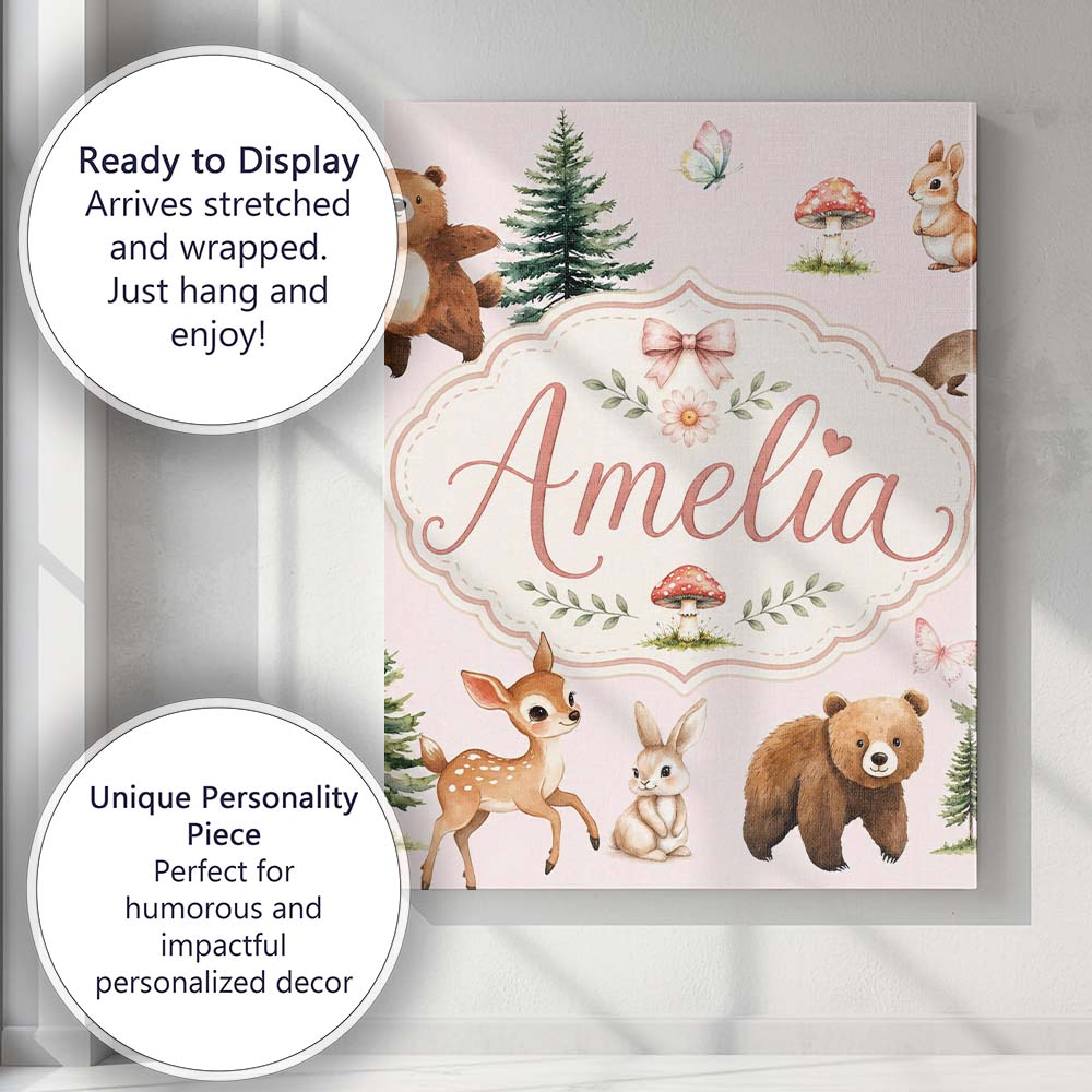 Personalised Name Bear Bunny Squirrel Trees Custom  Bespoke Interior Contemporary Canvas Wall Art Print Decor Picture Ready to Hang