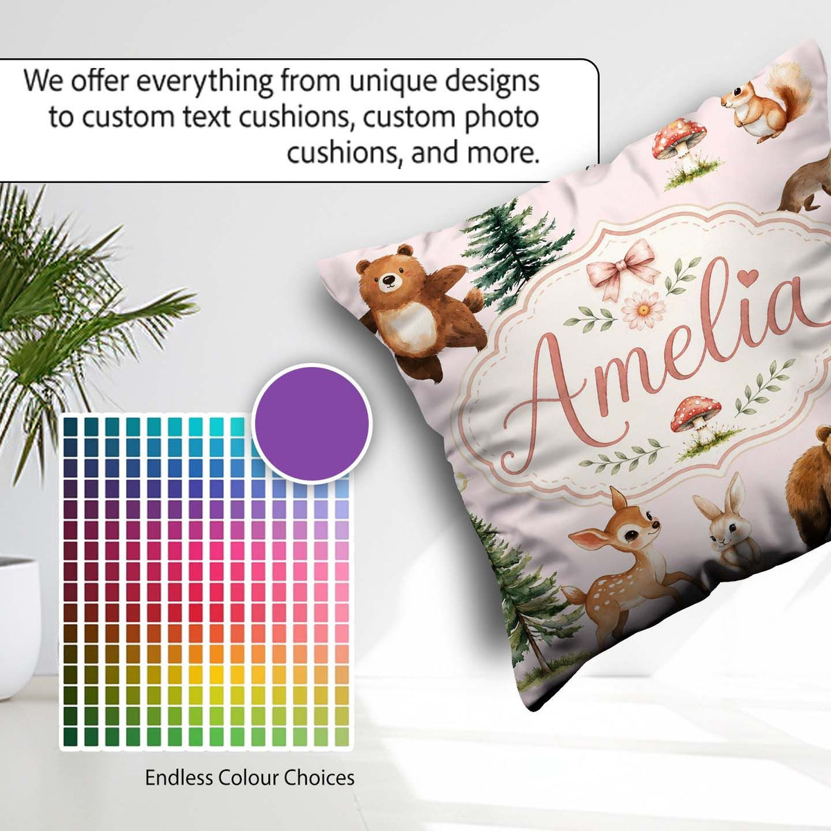 Custom Name Bear Bunny Squirrel Trees Mushrooms Butterfly Blush Square Filled Cushion Throw Pillow Sofa Bed Home Decor Zip Washable UK Made