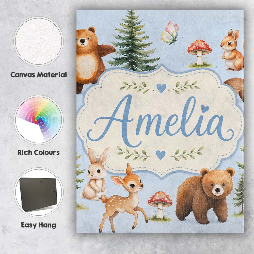 Personalised Name Bear Bunny Squirrel Trees Custom  Bespoke Interior Contemporary Canvas Wall Art Print Decor Picture Ready to Hang