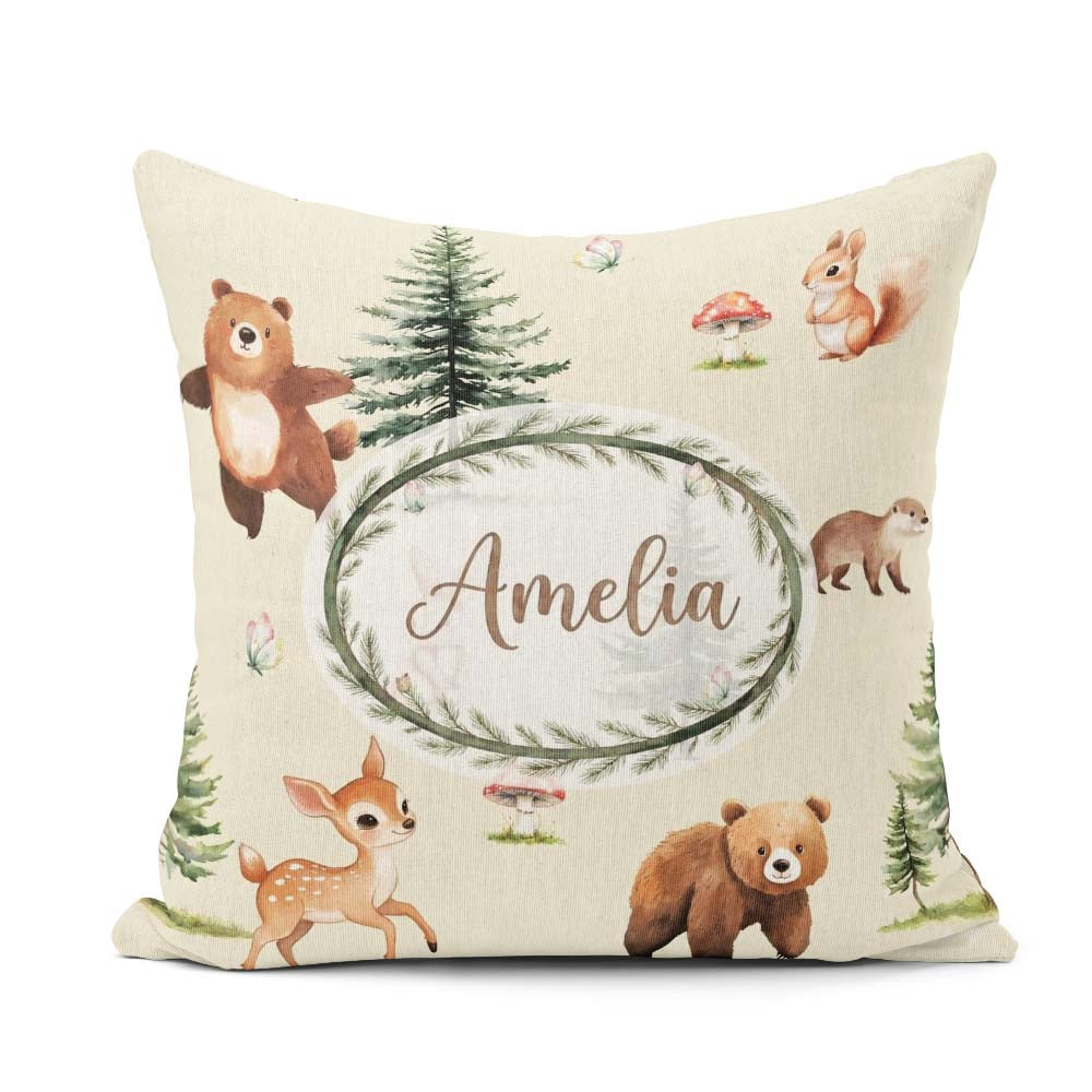 Custom Name Bear Bunny Squirrel Trees Mushrooms Butterfly Cream Square Filled Cushion Throw Pillow Sofa Bed Home Decor Zip Washable UK Made