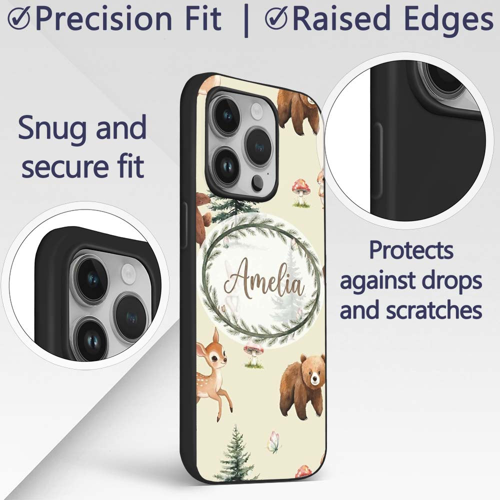 Bear Bunny Squirrel Trees Mushrooms Butterfly Custom Name Protective Phone Case Mobile Cover Durable Everyday Smartphone Shock Resistant