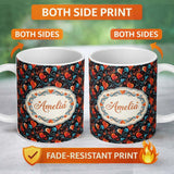 Personalized Custom Name Bold Abstract Orange and Blue Heart Swirl Seamless Pattern Lovely 11oz Ceramic Coffee Tea Mug White Large Handle