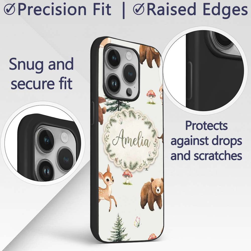 Bear Bunny Squirrel Trees Mushrooms Butterfly Custom Name Protective Phone Case Mobile Cover Durable Everyday Smartphone Shock Resistant