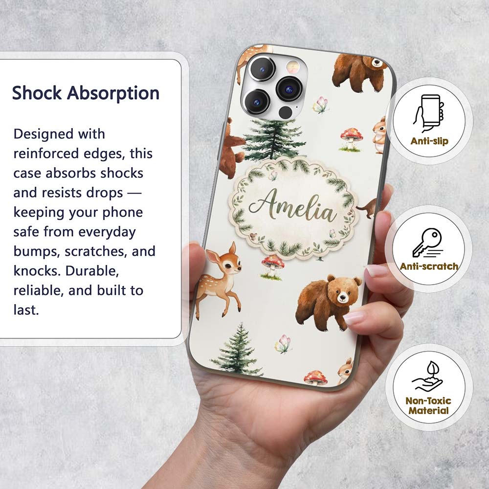 Bear Bunny Squirrel Trees Mushrooms Butterfly Custom Name Protective Phone Case Mobile Cover Durable Everyday Smartphone Shock Resistant