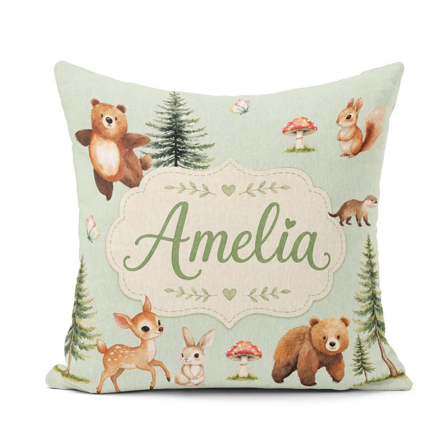 Custom Name Bear Squirrel Mushrooms Butterfly Soft Sage Seamless Square Filled Cushion Throw Pillow Sofa Bed Home Decor Zip Washable UK Made