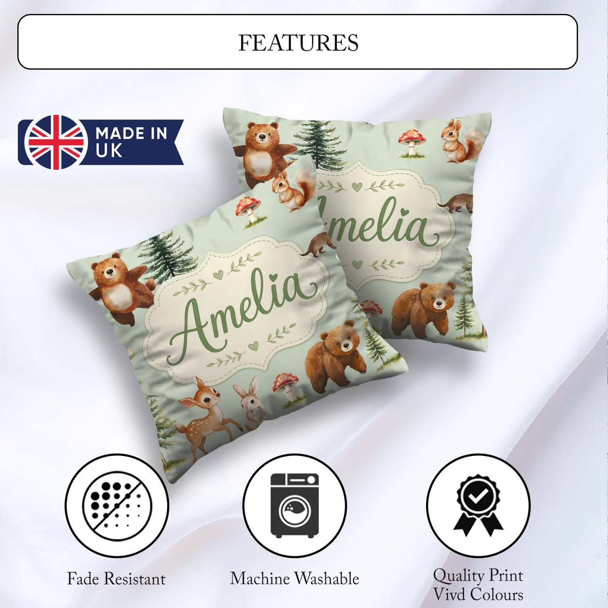 Custom Name Bear Squirrel Mushrooms Butterfly Soft Sage Seamless Square Filled Cushion Throw Pillow Sofa Bed Home Decor Zip Washable UK Made