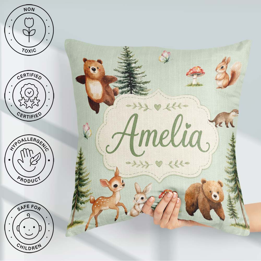 Custom Name Bear Squirrel Mushrooms Butterfly Soft Sage Seamless Square Filled Cushion Throw Pillow Sofa Bed Home Decor Zip Washable UK Made