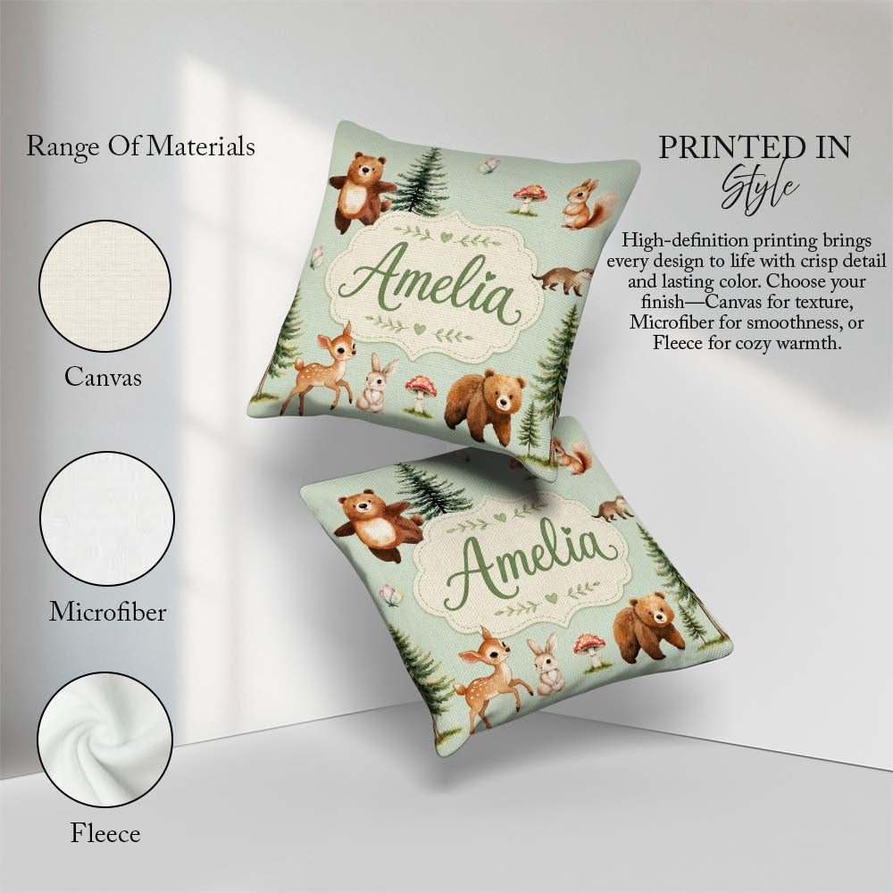Custom Name Bear Squirrel Mushrooms Butterfly Soft Sage Seamless Square Filled Cushion Throw Pillow Sofa Bed Home Decor Zip Washable UK Made