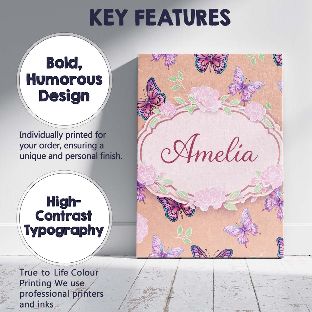 Personalised Name Pink Purple Butterfly Floral Peach Background Custom  Statement Canvas Wall Art Print Decor Picture Ready to Hang
