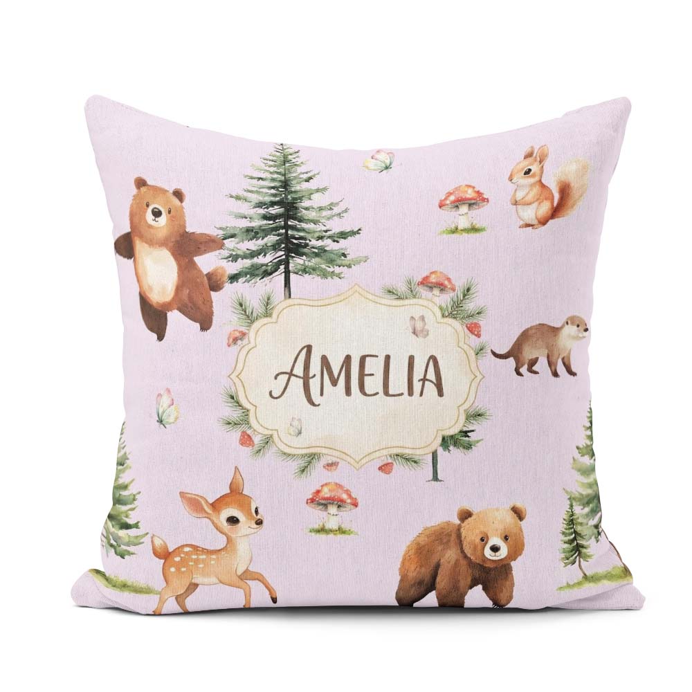 Custom Name Bear Bunny Deer Trees Mushrooms Butterfly Soft Lilac Square Filled Cushion Throw Pillow Sofa Bed Home Decor Zip Washable UK Made