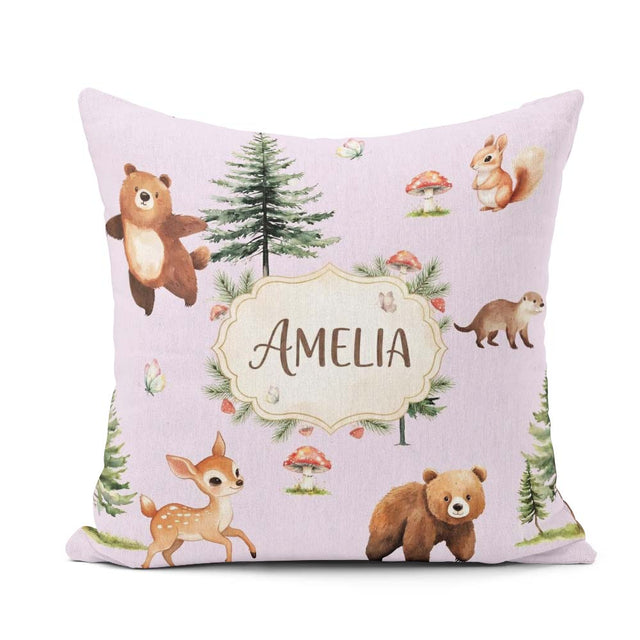 Custom Name Bear Bunny Deer Trees Mushrooms Butterfly Soft Lilac Square Filled Cushion Throw Pillow Sofa Bed Home Decor Zip Washable UK Made