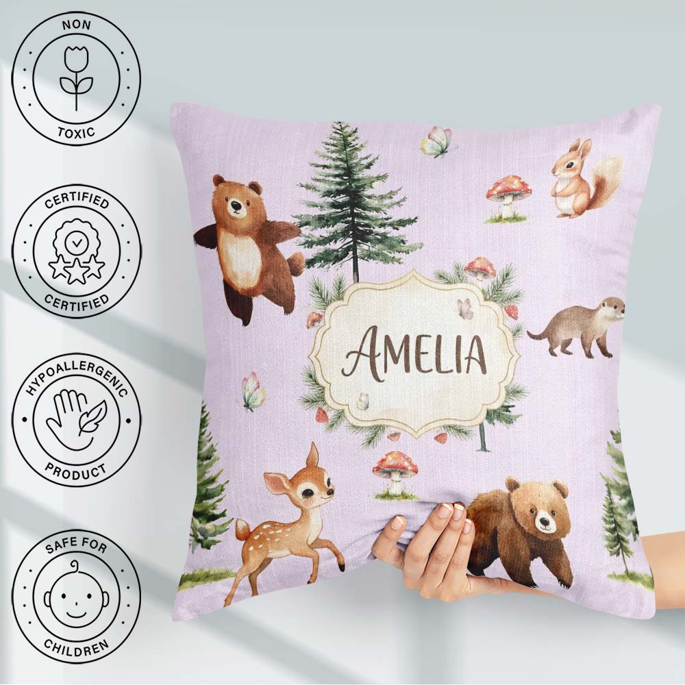 Custom Name Bear Bunny Deer Trees Mushrooms Butterfly Soft Lilac Square Filled Cushion Throw Pillow Sofa Bed Home Decor Zip Washable UK Made