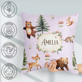 Custom Name Bear Bunny Deer Trees Mushrooms Butterfly Soft Lilac Square Filled Cushion Throw Pillow Sofa Bed Home Decor Zip Washable UK Made