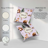 Custom Name Bear Bunny Deer Trees Mushrooms Butterfly Soft Lilac Square Filled Cushion Throw Pillow Sofa Bed Home Decor Zip Washable UK Made