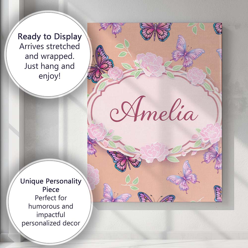 Personalised Name Pink Purple Butterfly Floral Peach Background Custom  Statement Canvas Wall Art Print Decor Picture Ready to Hang