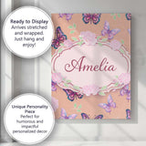 Personalised Name Pink Purple Butterfly Floral Peach Background Custom  Statement Canvas Wall Art Print Decor Picture Ready to Hang