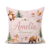 Custom Name Bear Bunny Deer Trees Mushrooms Butterfly Soft Pink Square Filled Cushion Throw Pillow Sofa Bed Home Decor Zip Washable UK Made