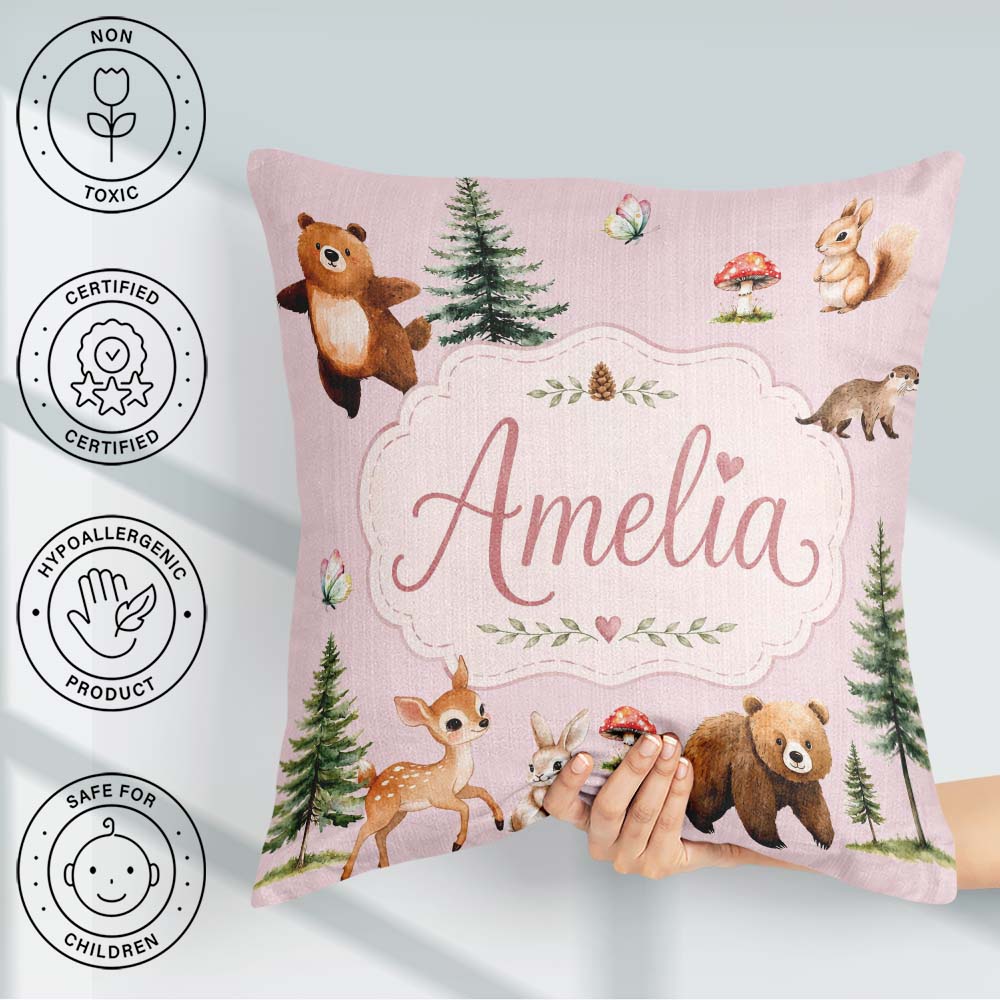 Custom Name Bear Bunny Deer Trees Mushrooms Butterfly Soft Pink Square Filled Cushion Throw Pillow Sofa Bed Home Decor Zip Washable UK Made