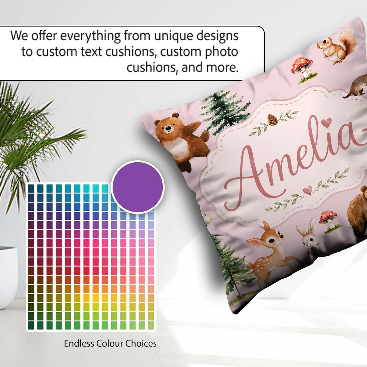 Custom Name Bear Bunny Deer Trees Mushrooms Butterfly Soft Pink Square Filled Cushion Throw Pillow Sofa Bed Home Decor Zip Washable UK Made