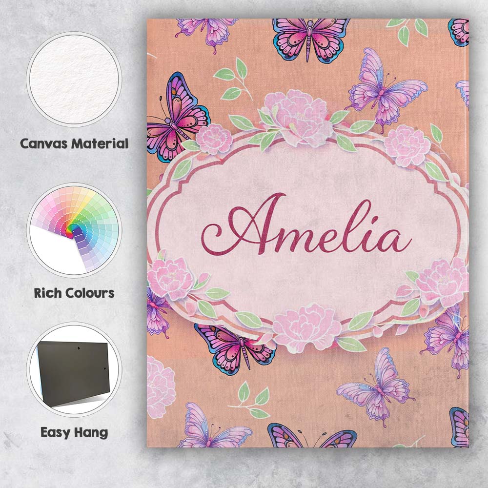 Personalised Name Pink Purple Butterfly Floral Peach Background Custom  Statement Canvas Wall Art Print Decor Picture Ready to Hang