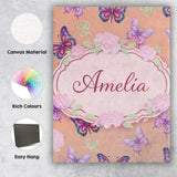 Personalised Name Pink Purple Butterfly Floral Peach Background Custom  Statement Canvas Wall Art Print Decor Picture Ready to Hang
