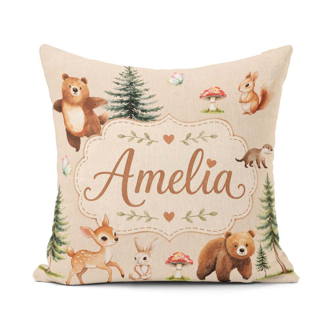 Custom Name Bear Bunny Deer Trees Mushrooms Butterfly Soft Beige Square Filled Cushion Throw Pillow Sofa Bed Home Decor Zip Washable UK Made
