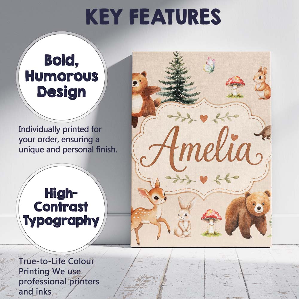 Personalised Name Bear Bunny Deer Squirrel Custom  Unique Gift Idea Elegant Feature Canvas Wall Art Print Decor Picture Ready to Hang