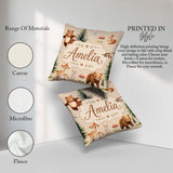 Custom Name Bear Bunny Deer Trees Mushrooms Butterfly Soft Beige Square Filled Cushion Throw Pillow Sofa Bed Home Decor Zip Washable UK Made