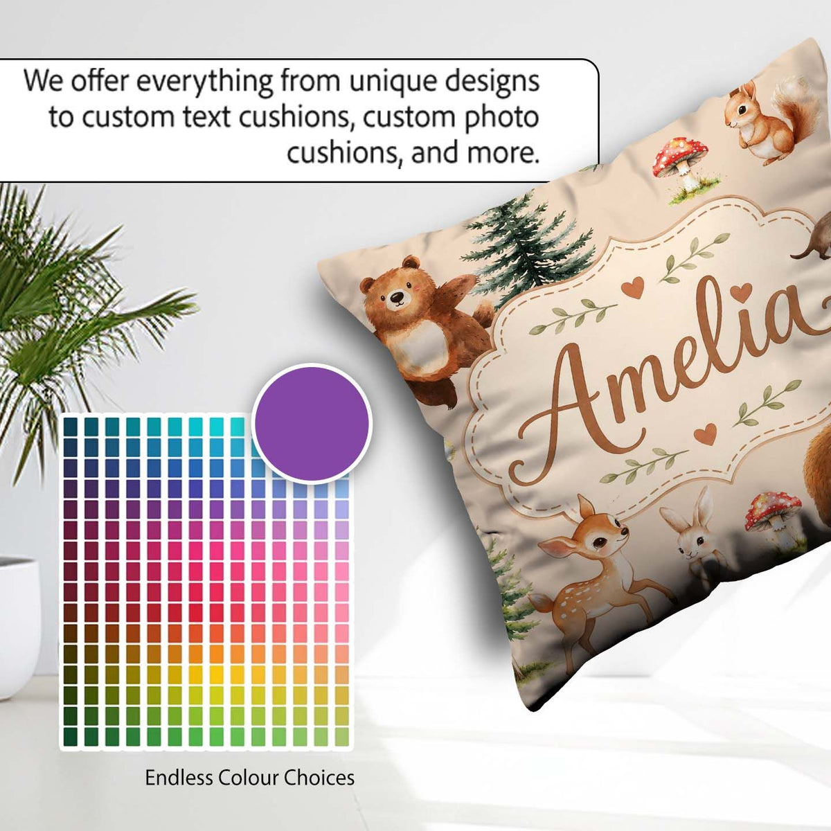 Custom Name Bear Bunny Deer Trees Mushrooms Butterfly Soft Beige Square Filled Cushion Throw Pillow Sofa Bed Home Decor Zip Washable UK Made