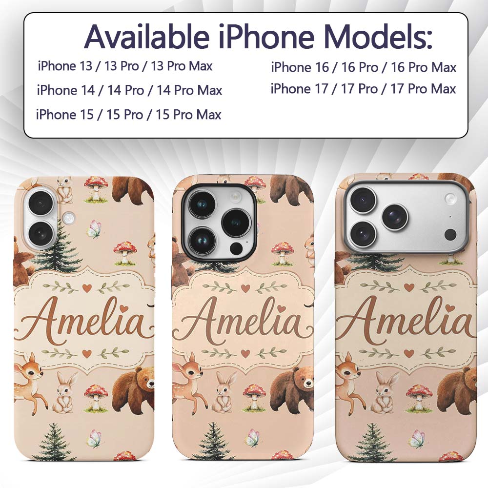Bear Bunny Deer Squirrel Trees Printed Design Custom Name Protective Phone Case Mobile Cover Durable Everyday Smartphone Shock Resistant