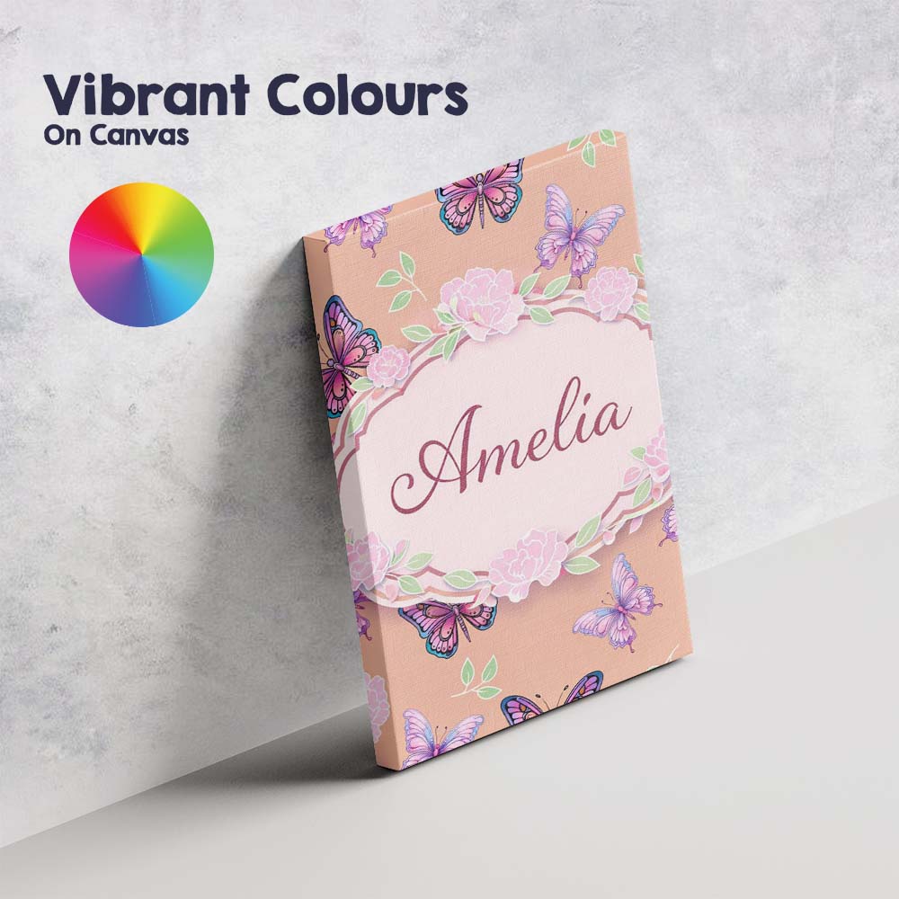 Personalised Name Pink Purple Butterfly Floral Peach Background Custom  Statement Canvas Wall Art Print Decor Picture Ready to Hang