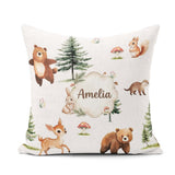 Custom Name Bear Bunny Deer Trees Mushrooms Butterfly Soft Grey Square Filled Cushion Throw Pillow Sofa Bed Home Decor Zip Washable UK Made