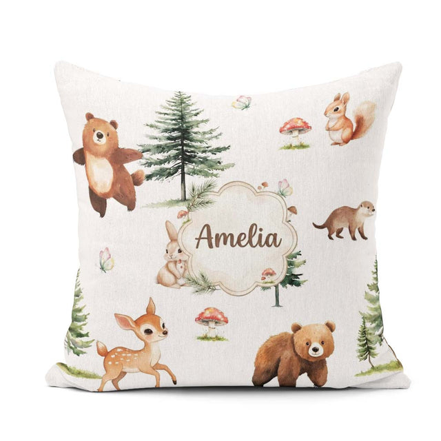 Custom Name Bear Bunny Deer Trees Mushrooms Butterfly Soft Grey Square Filled Cushion Throw Pillow Sofa Bed Home Decor Zip Washable UK Made