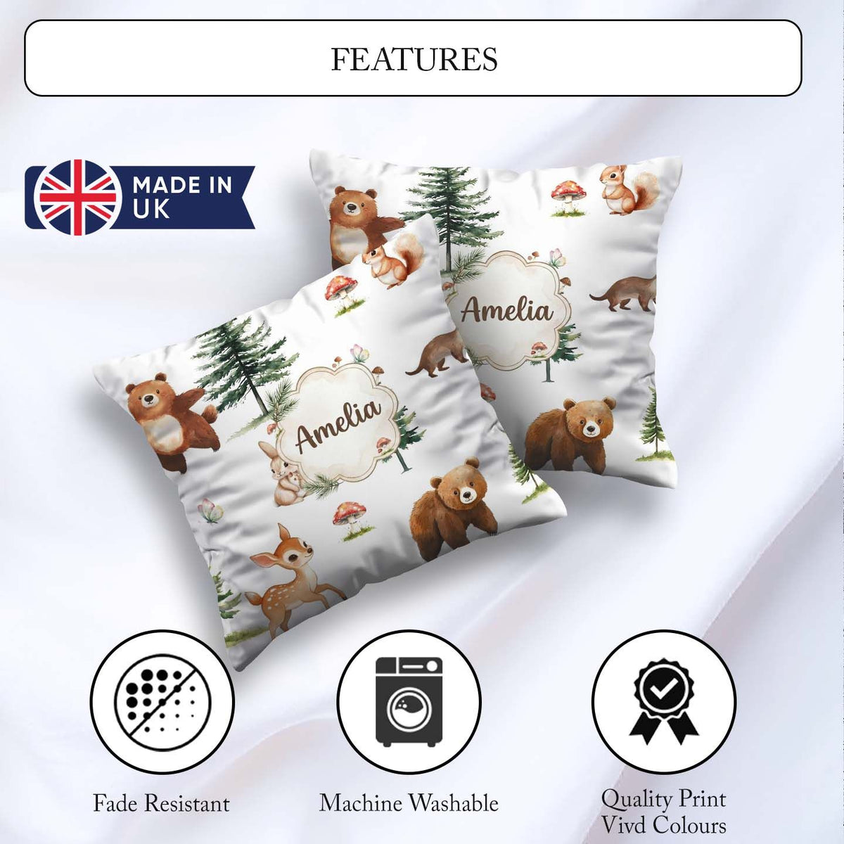 Custom Name Bear Bunny Deer Trees Mushrooms Butterfly Soft Grey Square Filled Cushion Throw Pillow Sofa Bed Home Decor Zip Washable UK Made