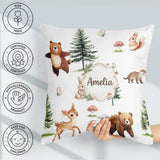 Custom Name Bear Bunny Deer Trees Mushrooms Butterfly Soft Grey Square Filled Cushion Throw Pillow Sofa Bed Home Decor Zip Washable UK Made