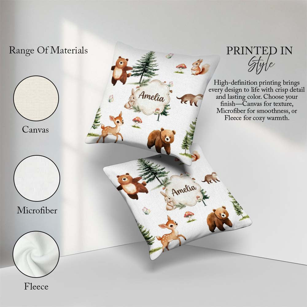 Custom Name Bear Bunny Deer Trees Mushrooms Butterfly Soft Grey Square Filled Cushion Throw Pillow Sofa Bed Home Decor Zip Washable UK Made