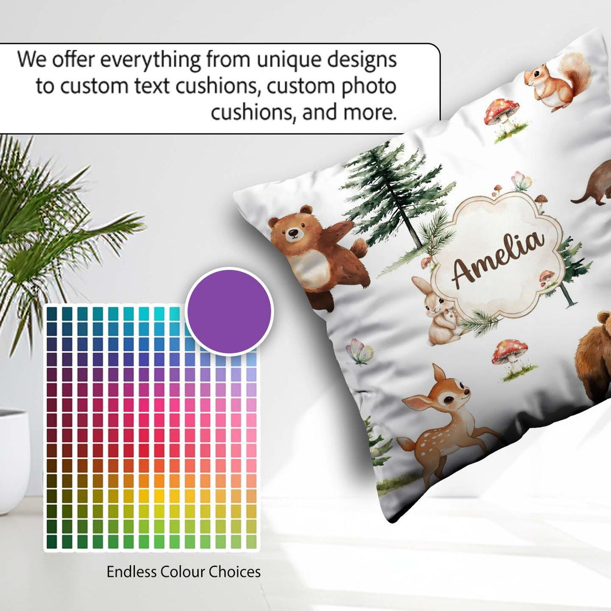 Custom Name Bear Bunny Deer Trees Mushrooms Butterfly Soft Grey Square Filled Cushion Throw Pillow Sofa Bed Home Decor Zip Washable UK Made