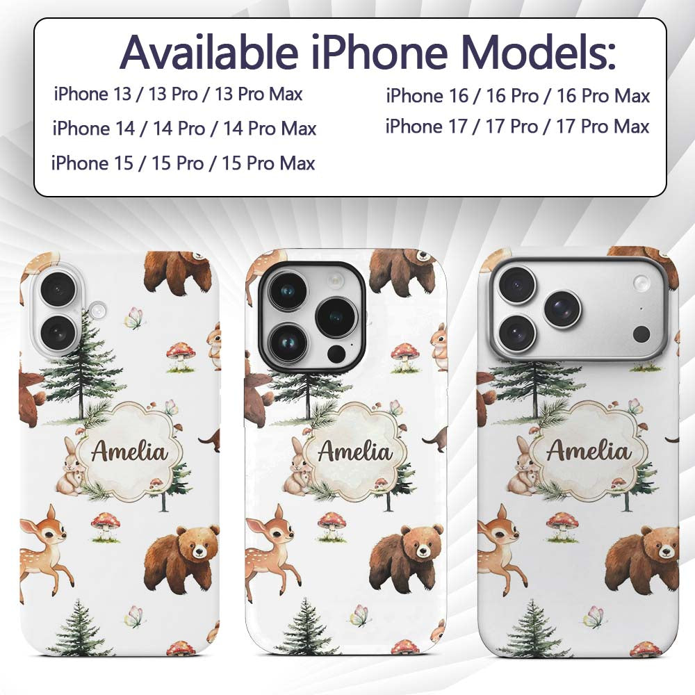 Bear Bunny Deer Squirrel Trees Printed Design Custom Name Protective Phone Case Mobile Cover Durable Everyday Smartphone Shock Resistant
