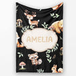 Woodland Deer Bear Fox Owl Raccoon Leaves Mushrooms Black Seamless  Personalised Custom Name Super Soft Fleece Blanket Bed Sofa Throw