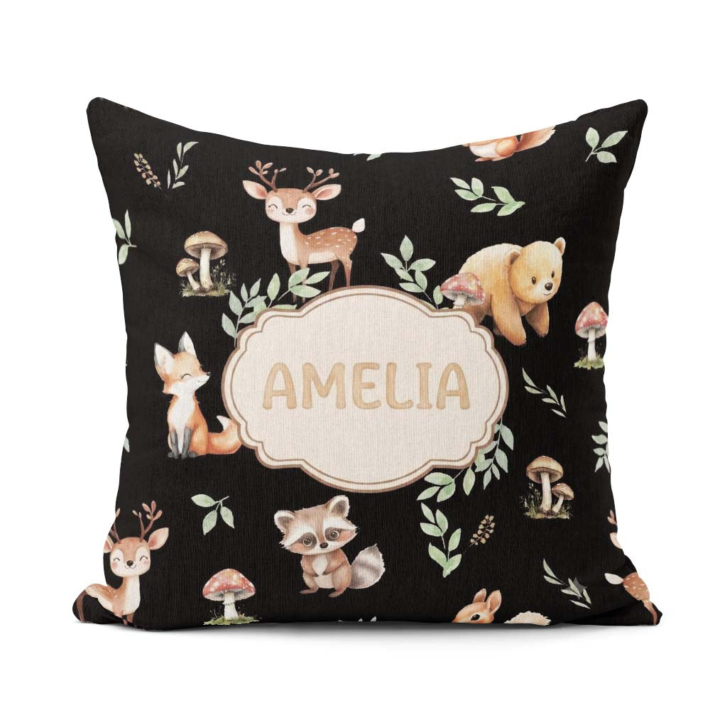 Custom Name Woodland Deer Fox Owl Raccoon Leaves Mushrooms Black Square Filled Cushion Throw Pillow Sofa Bed Home Decor Zip Washable UK Made