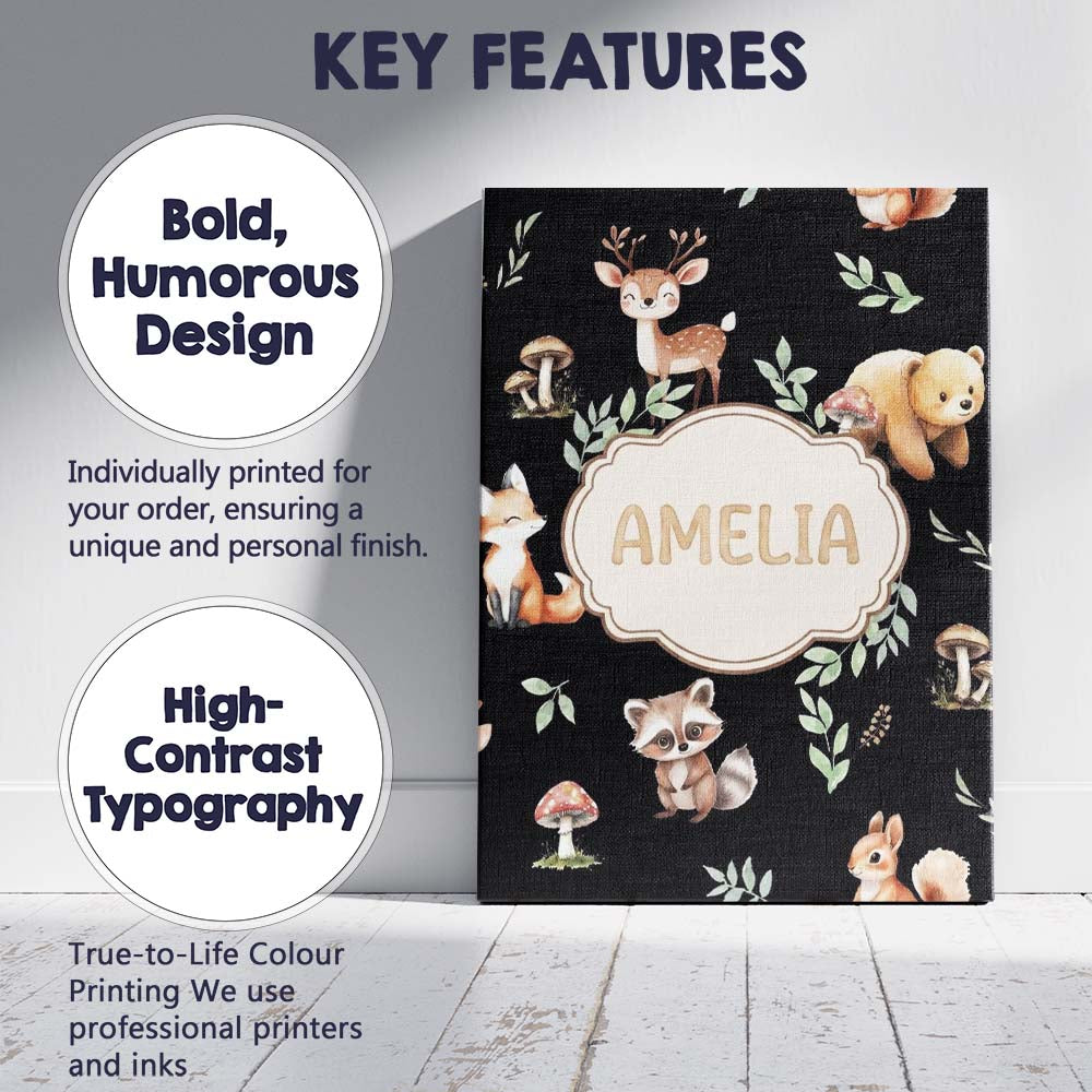 Personalised Name Woodland Deer Bear Fox Custom  Unique Gift Idea Elegant Feature Canvas Wall Art Print Decor Picture Ready to Hang
