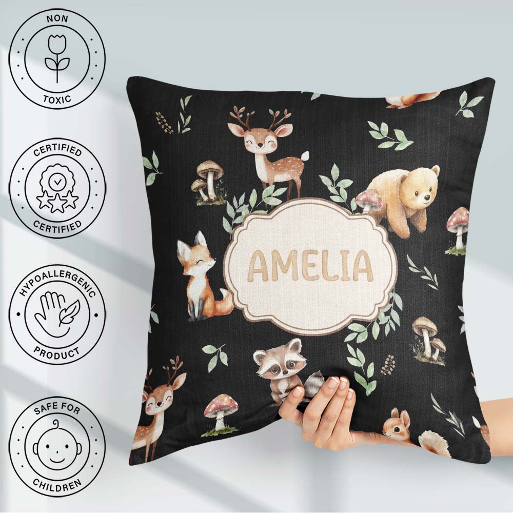 Custom Name Woodland Deer Fox Owl Raccoon Leaves Mushrooms Black Square Filled Cushion Throw Pillow Sofa Bed Home Decor Zip Washable UK Made