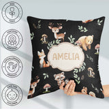 Custom Name Woodland Deer Fox Owl Raccoon Leaves Mushrooms Black Square Filled Cushion Throw Pillow Sofa Bed Home Decor Zip Washable UK Made
