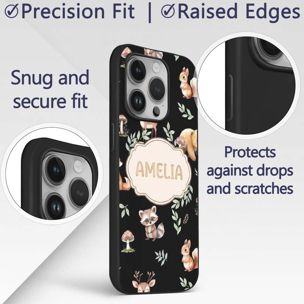 Woodland Deer Bear Fox Owl Raccoon Printed Design Custom Name Protective Phone Case Mobile Cover Durable Everyday Smartphone Shock Resistant