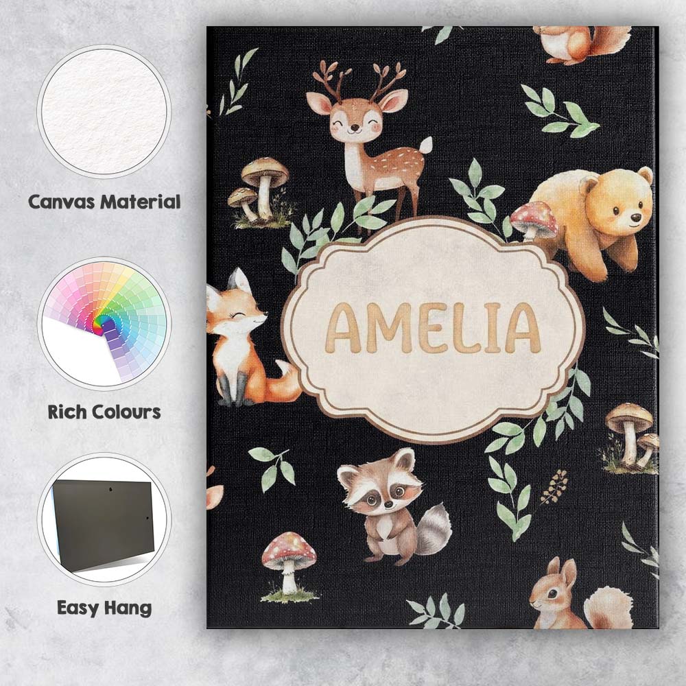 Personalised Name Woodland Deer Bear Fox Custom  Unique Gift Idea Elegant Feature Canvas Wall Art Print Decor Picture Ready to Hang