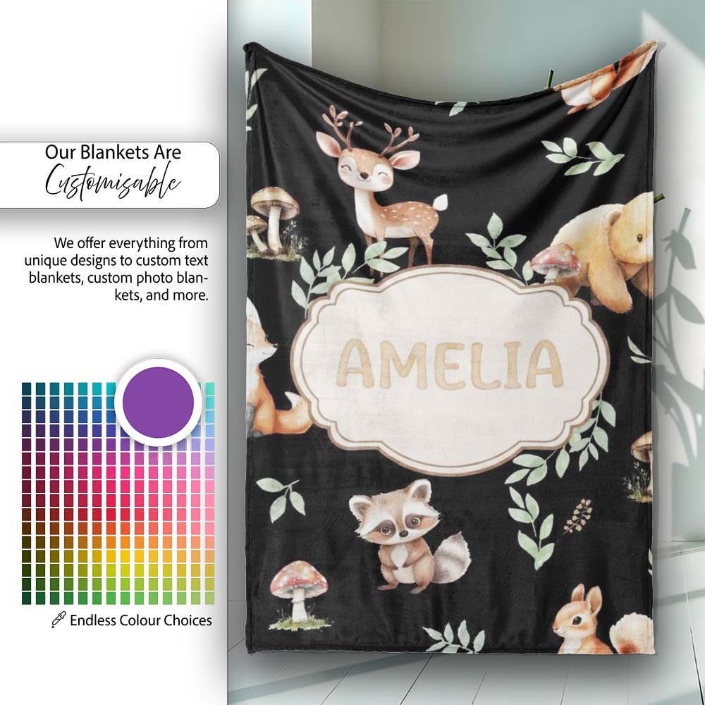 Woodland Deer Bear Fox Owl Raccoon Leaves Mushrooms Black Seamless  Personalised Custom Name Super Soft Fleece Blanket Bed Sofa Throw