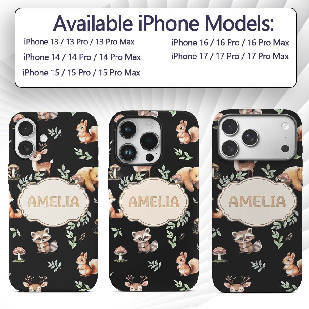 Woodland Deer Bear Fox Owl Raccoon Printed Design Custom Name Protective Phone Case Mobile Cover Durable Everyday Smartphone Shock Resistant