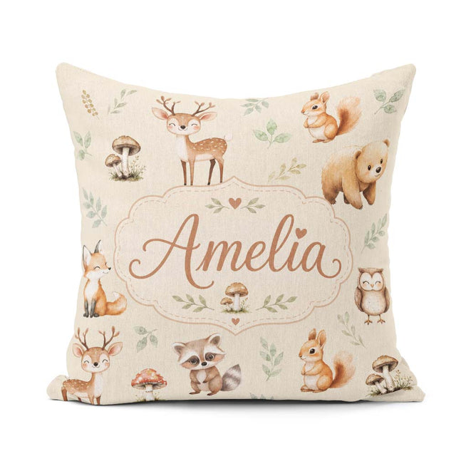 Custom Name Woodland Deer Fox Owl Raccoon Leaves Mushrooms Cream Square Filled Cushion Throw Pillow Sofa Bed Home Decor Zip Washable UK Made