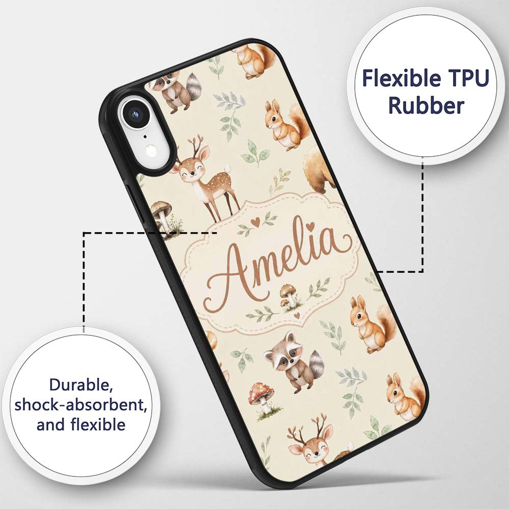Woodland Deer Bear Fox Owl Raccoon Printed Design Custom Name Protective Phone Case Mobile Cover Durable Everyday Smartphone Shock Resistant